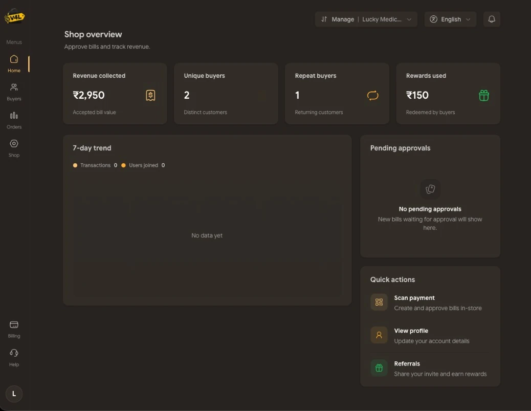 V4L shop overview with revenue, buyers, and rewards