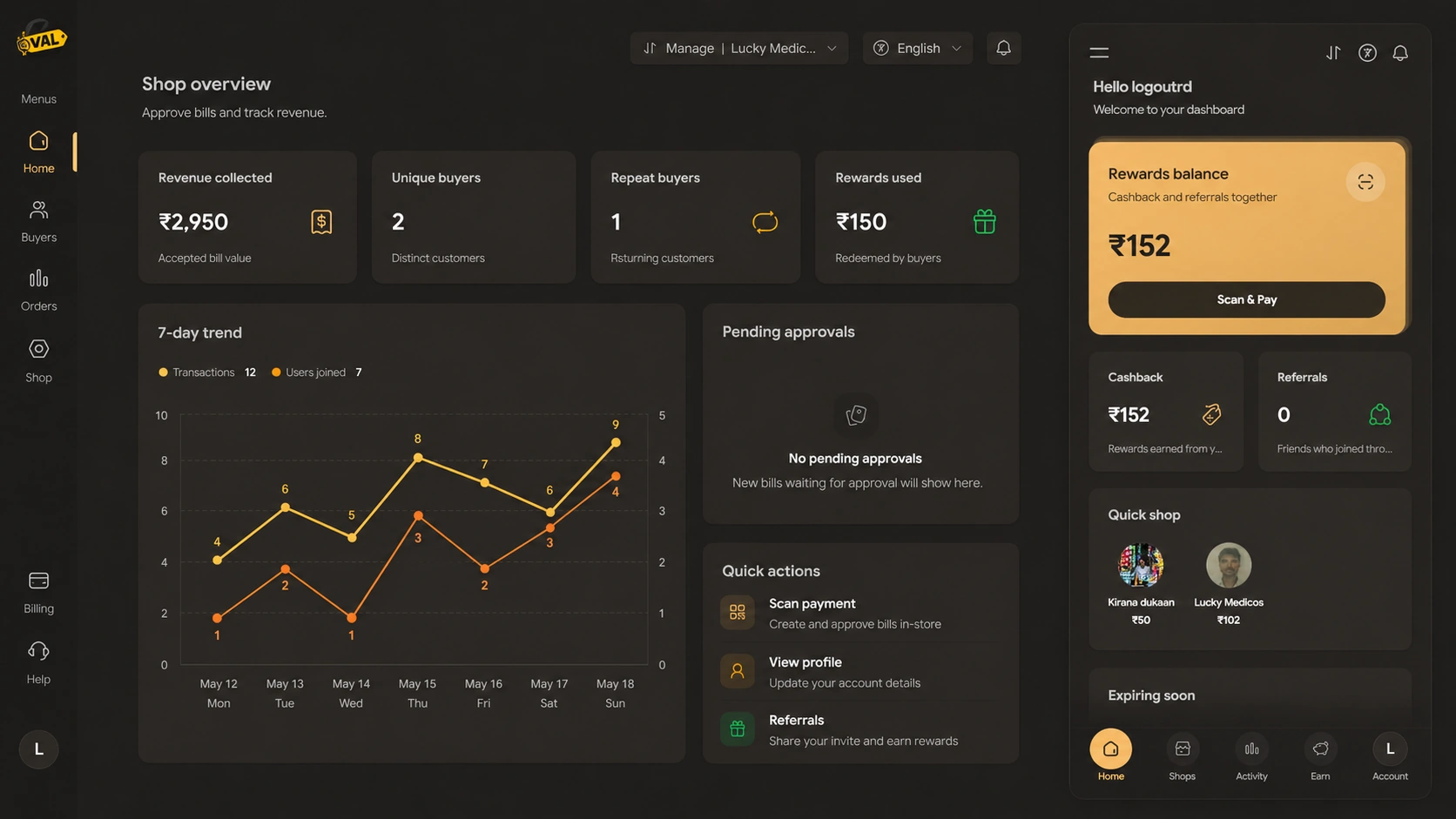 V4L seller shop overview beside buyer rewards and Scan & Pay